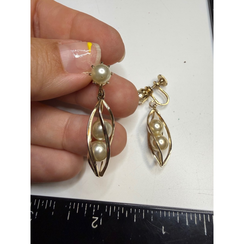 Coro Vintage Faux Pearl Pod Dangle Earrings Gold Tone Screw Back Mid Century